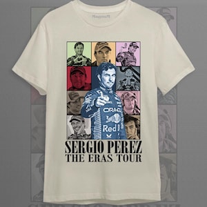 May include: Off-white t-shirt featuring a graphic of Sergio Perez with multiple portraits and the text "SERGIO PEREZ THE ERAS TOUR" in black. The shirt has a crew neck and short sleeves. The Magnum logo is visible on the upper part of the shirt.
