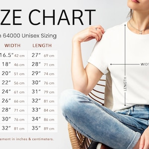 May include: A Gildan 64000 unisex t-shirt size chart displaying width and length measurements in inches and centimeters for sizes XS through 5XL. The chart includes a visual diagram of a white t-shirt with arrows indicating where to measure.