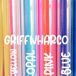 May include: A close-up of nine different colours of iridescent vinyl, including rose, yellow, opal, teal, pink, blue, and green. The text "GRIFFWHARCO" is visible in the centre of the image.