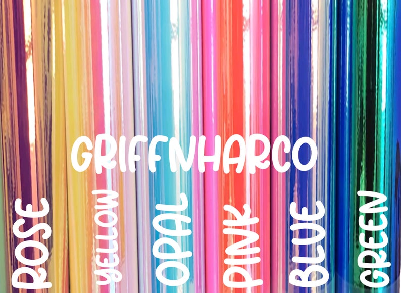May include: A close-up of nine different colours of iridescent vinyl, including rose, yellow, opal, teal, pink, blue, and green. The text "GRIFFWHARCO" is visible in the centre of the image.