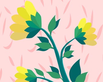 digital download of minimalist wall decoration, Botanical Art painting sunflowers on a pink background, right with this year's trend