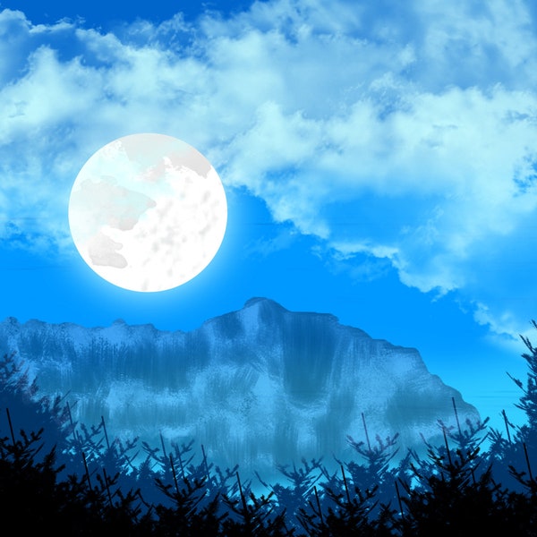 digital download of minimalist wall decoration, Night forest and moon painting, perfect for fall 2023 trends