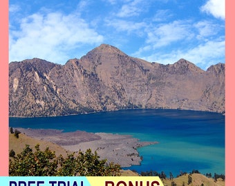 minimalistische wanddecoratie digitale download, een foto van Lake Segara Anak, op de top van Mount Rinjani, perfect voor de trend van dit jaar