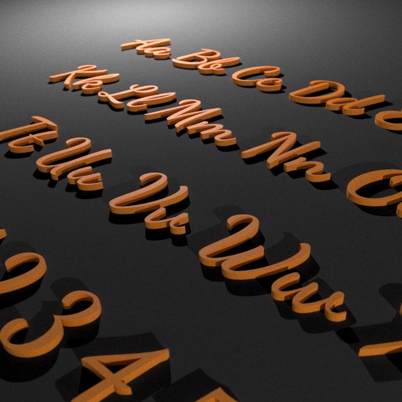 May include: Orange wooden letters and numbers in a cursive font are arranged on a black surface. The letters are in rows, with some of the alphabet visible. The numbers 3 and 4 are also visible. The letters and numbers cast shadows.