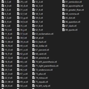 May include: A list of file names, each ending in .stl, displayed in a grid. The files are labeled with numbers and letters, such as "1_A.stl" and "2_B.stl". Additional files include punctuation and symbols like "63_exclamation.stl".