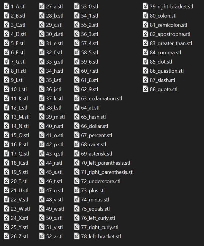 May include: A list of file names, each ending in .stl, displayed in a grid. The files are labeled with numbers and letters, such as "1_A.stl" and "2_B.stl". Additional files include punctuation and symbols like "63_exclamation.stl".