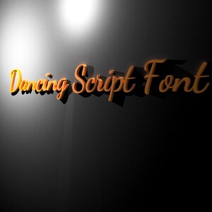 May include: Orange 3D lettering spelling out "Dancing Script Font" against a dark gray background. The letters cast a shadow, and the lighting suggests a spotlight from above. The font appears to be a stylized, cursive script.