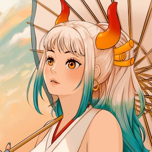 Op de afbeelding: Een vrouw met lang wit en blauw haar, die een witte kimono draagt met bruine accenten en een rode band. Ze heeft oranje hoorns en houdt een lichtblauwe en witte paraplu vast.