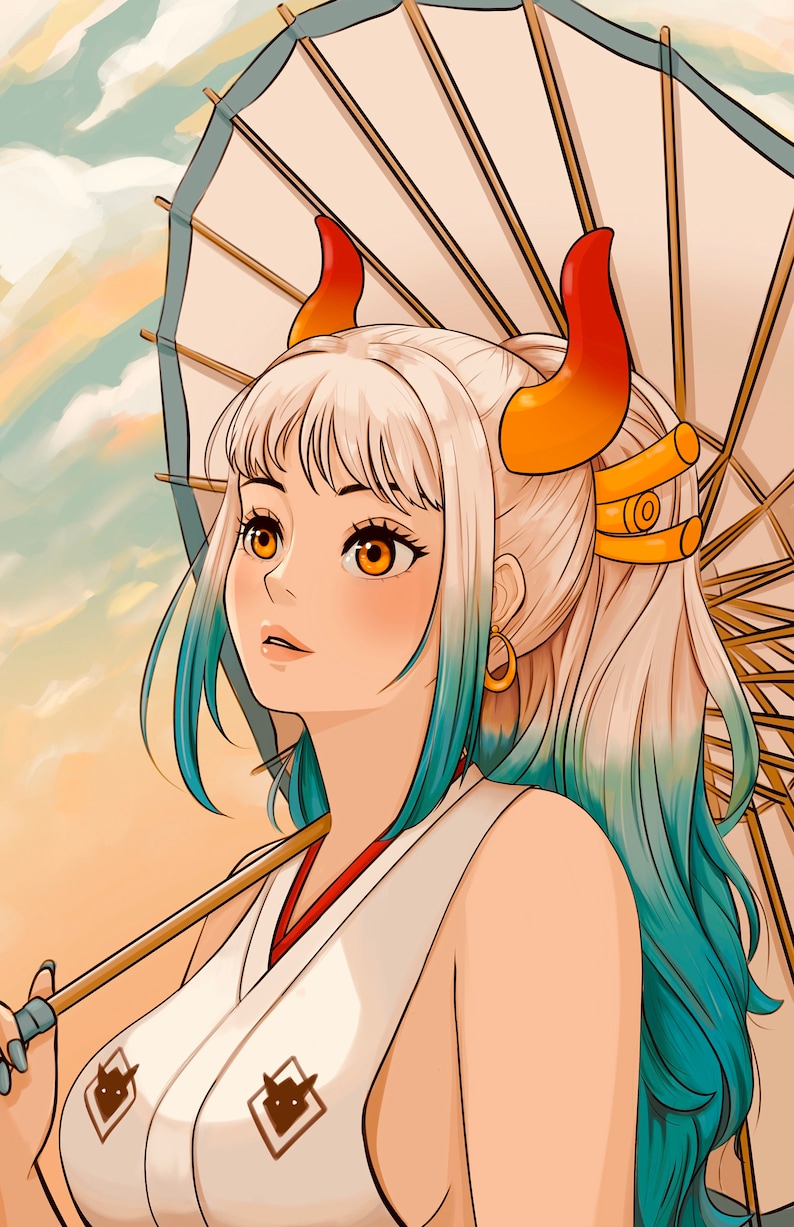 Op de afbeelding: Een vrouw met lang wit en blauw haar, die een witte kimono draagt met bruine accenten en een rode band. Ze heeft oranje hoorns en houdt een lichtblauwe en witte paraplu vast.