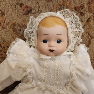 Vintage White Christening Gown Baby Porcelain Doll with Blue Eye just over 13 inches tall with an additional 8 inches of Gown image 2