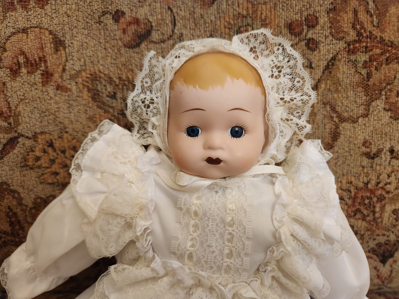 Vintage White Christening Gown Baby Porcelain Doll with Blue Eye just over 13 inches tall with an additional 8 inches of Gown image 2