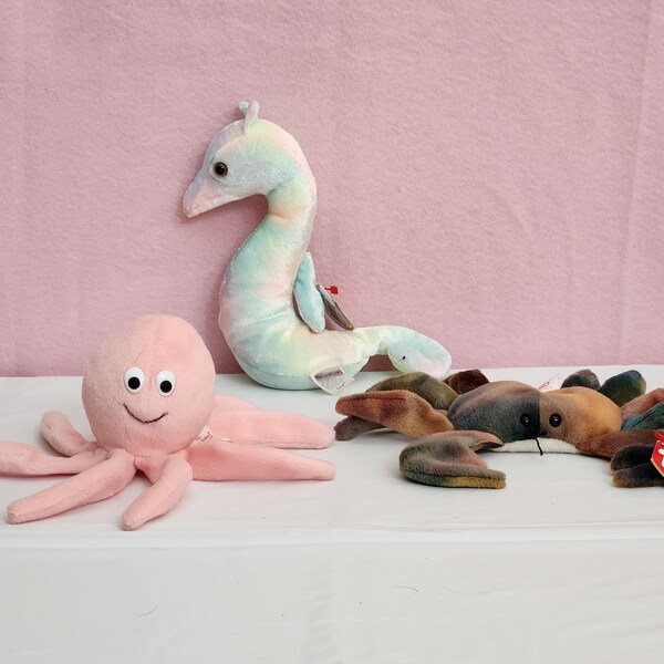 Classic Vintage TY Beanie Baby Under the Sea Inky the Octopus, Neom the Seahorse, and Claude the Crab