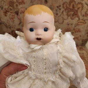 Vintage White Christening Gown Baby Porcelain Doll with Blue Eye just over 13 inches tall with an additional 8 inches of Gown image 3