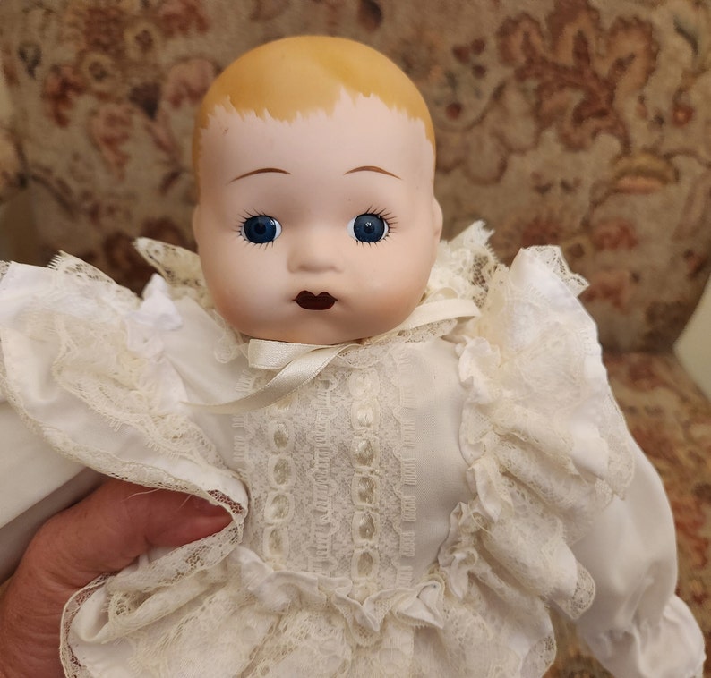 Vintage White Christening Gown Baby Porcelain Doll with Blue Eye just over 13 inches tall with an additional 8 inches of Gown image 3