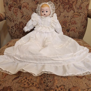 Vintage White Christening Gown Baby Porcelain Doll with Blue Eye just over 13 inches tall with an additional 8 inches of Gown image 1