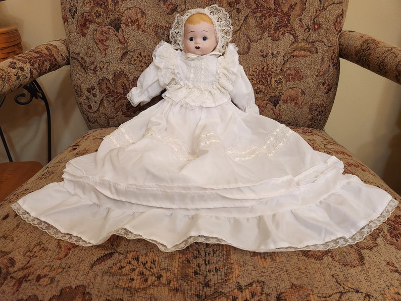 Vintage White Christening Gown Baby Porcelain Doll with Blue Eye just over 13 inches tall with an additional 8 inches of Gown image 1