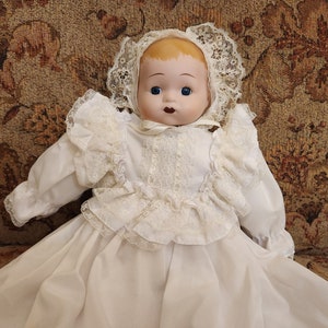 Vintage White Christening Gown Baby Porcelain Doll with Blue Eye just over 13 inches tall with an additional 8 inches of Gown image 6