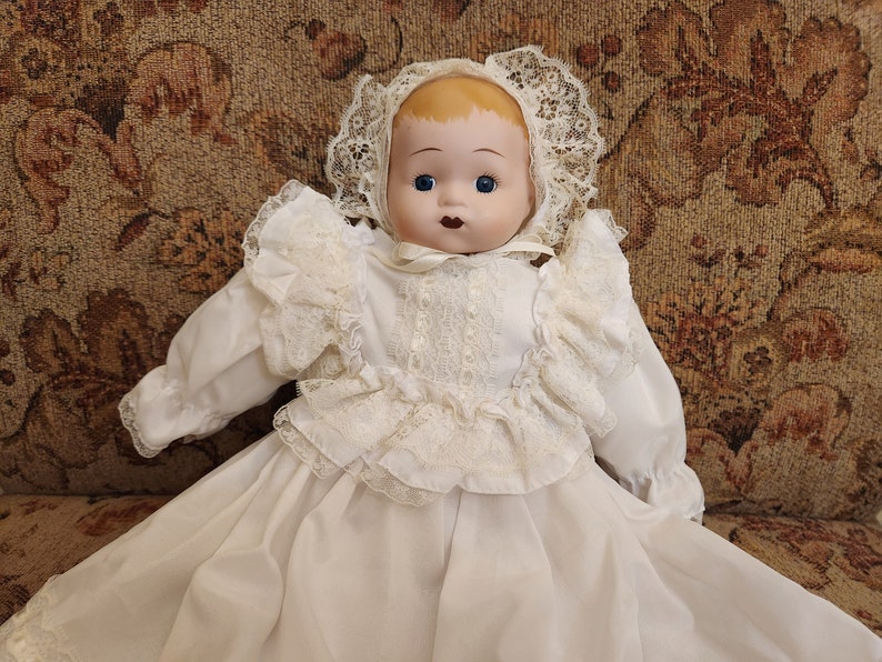 Vintage White Christening Gown Baby Porcelain Doll with Blue Eye just over 13 inches tall with an additional 8 inches of Gown image 6