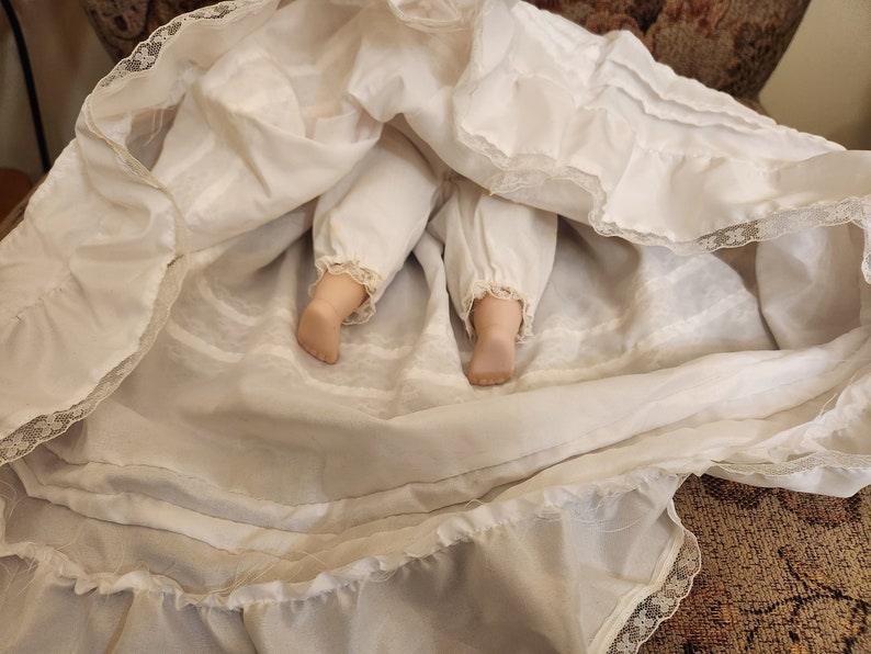 Vintage White Christening Gown Baby Porcelain Doll with Blue Eye just over 13 inches tall with an additional 8 inches of Gown image 4