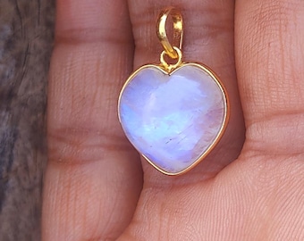 18K Gold Rainbow Moonstone Heart Pendant, Handmade Charm
