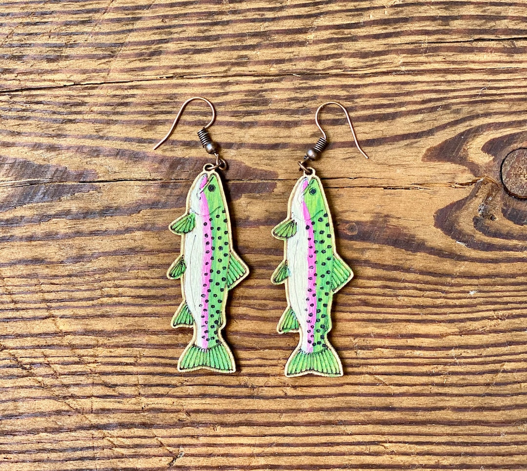 Hand Painted Wooden Rainbow Trout Earrings Etsy