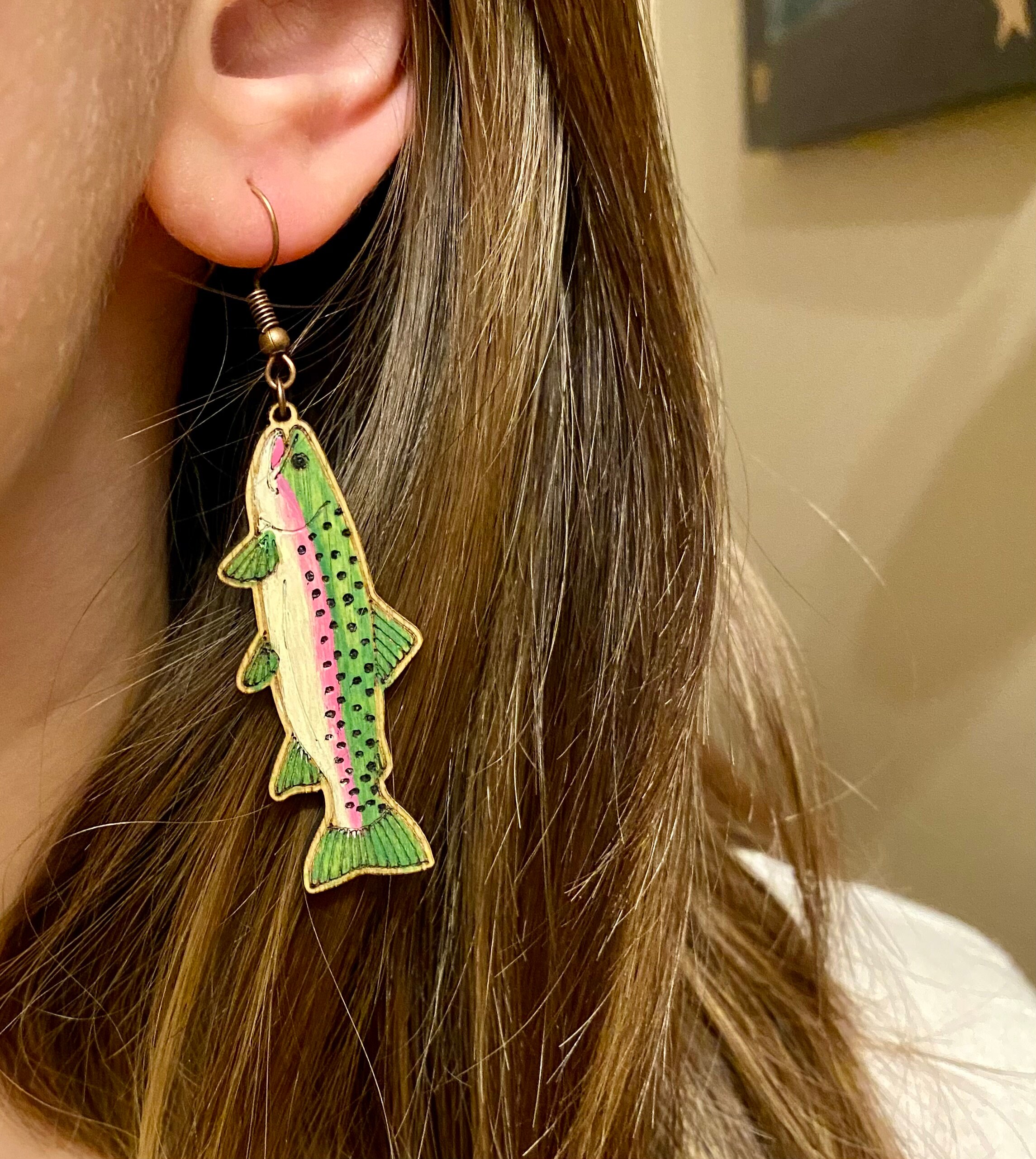 Hand Painted Wooden Rainbow Trout Earrings Etsy
