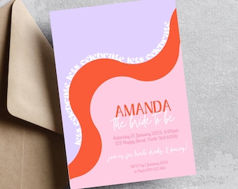 Bridal Shower Invitation Template | Hens Bachelorette Party | Lets Celebrate Purple Red Pink Wavy | Digital | Customise In Canva