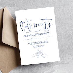 Bridal Shower Invitation Template | Hens Bachelorette Party | Lets Party Blue White Cheers | Digital | Customise In Canva