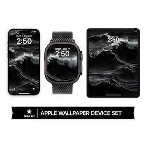 Könnte beinhalten: Ein Set aus drei Apple-Geräte-Hintergrundbildern mit einem Schwarzweißbild von brechenden Wellen. Die Hintergrundbilder sind für ein iPhone, eine Apple Watch und ein iPad konzipiert.