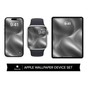 Può includere: Un set di sfondi per dispositivi Apple con un design astratto in bianco e nero con un motivo ondulato. Gli sfondi sono mostrati su un iPhone, un Apple Watch e un iPad.