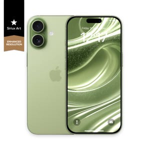 May include: A light green smartphone with a dual-lens camera and a screen displaying a green abstract design. The phone has a sleek design with rounded corners and a silver frame. The time and date are visible on the screen. The phone is set against a white background.