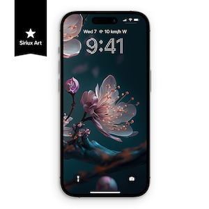 Sfondo per telefono con fiori di ciliegio in fiore, arte botanica floreale scura di Sakura, sfondo digitale estetico surreale in fiore con fiori rosa