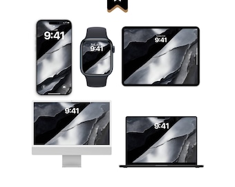 May include: A collection of electronic devices including a smartphone, a smartwatch, a tablet, a desktop computer, and a laptop. Each screen displays a black and white abstract wallpaper with the time 9:41 prominently featured in white text.