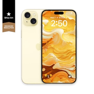 以下が含まれることがあります： 画面に黄色とオレンジの抽象的なデザインが施された白いiPhone。時間は2:50で、日付は水曜日7日。電話は10km/h Wの天気アイコンを表示しています。