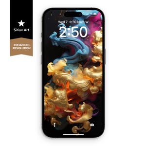 May include: A smartphone with a black background and a colorful abstract design. The time is 2:50 and the date is Wed 7. The weather is 10 km/h W.