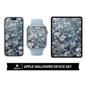 May include: A set of Apple device wallpapers featuring a blue and white floral design. The wallpaper is displayed on an iPhone, Apple Watch, and iPad. The time is displayed as 9:41 on each device.