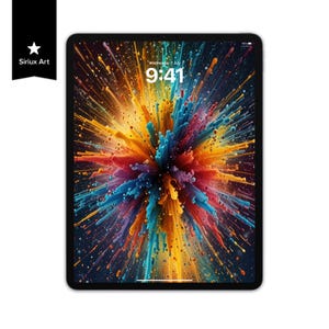 May include: A black tablet displays a vibrant, colorful abstract design resembling an explosion of paint. The screen shows the time as 9:41 on Wednesday, July 7. The tablet is branded with the text "Sirius Art".