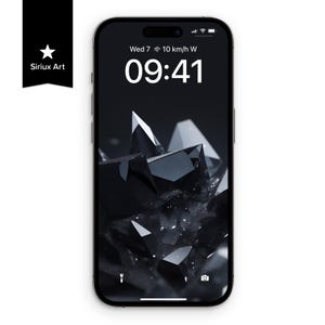 May include: A black and white iPhone screen displaying the time 09:41 with the date Wed 7 and the text "10 km/h W". The background is a dark image of black crystals.