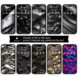 May include: A set of ten phone wallpapers featuring abstract designs in black, silver, gold, and blue. The wallpapers are designed for iPhone 15 Pro and Pro Max models. The text "IPHONE 15 PRO & PRO MAX BLACK TITANIUM WALLPAPER EXTRA SET" is displayed at the bottom of the image.