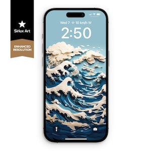 Große Welle vor Kanagawa Papercraft iPhone Wallpaper Art, Aura Japan Küstenorigami Blau Ästhetik, japanischer Galaxy Ultra Phone Hintergrund