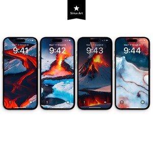 Pode incluir: Quatro telas de iPhone exibindo imagens diferentes de um vulcão em erupção com lava fluindo pela encosta da montanha. A hora em cada tela é 9:41, 9:42, 9:43 e 9:44. O dia e a hora são Qua 7 10 km/h O.