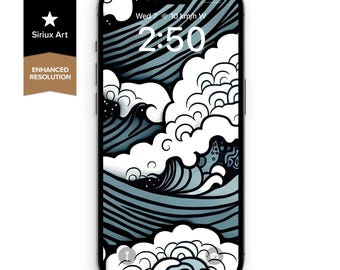 Telefon Hintergrundbilder | Abstrakte Linie Meereswellen Ästhetik | Japan Print Hokusai inspiriert | Vollbild-Hintergrund japanische Kunst