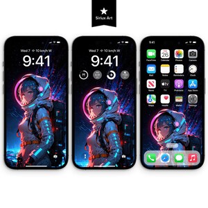 Könnte beinhalten: Drei iPhone-Bildschirme, die ein digitales Kunst-Hintergrundbild eines Anime-Astronauten mit einem pinkfarbenen, leuchtenden Helm anzeigen. Der Astronaut trägt einen weißen Raumanzug mit blauen Neon-Akzenten. Die Uhrzeit wird als 9:41 angezeigt. Der Text "Siriux Art" befindet sich oben rechts.