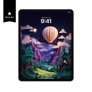 Puede incluir: Una ilustración digital de un globo aerostático flotando sobre una cordillera de montañas por la noche. El cielo es azul oscuro con nubes blancas y estrellas. Las montañas son moradas y verdes. El globo es blanco con una cesta. La hora es 9:41.