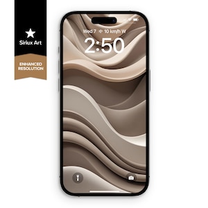 May include: A smartphone with a screen displaying a beige, wavy abstract design. The time is 2:50, with the date and weather displayed at the top. The phone has a black frame and a camera. The text "Siriux Art" and "Enhanced Resolution" are on a black and gold banner.