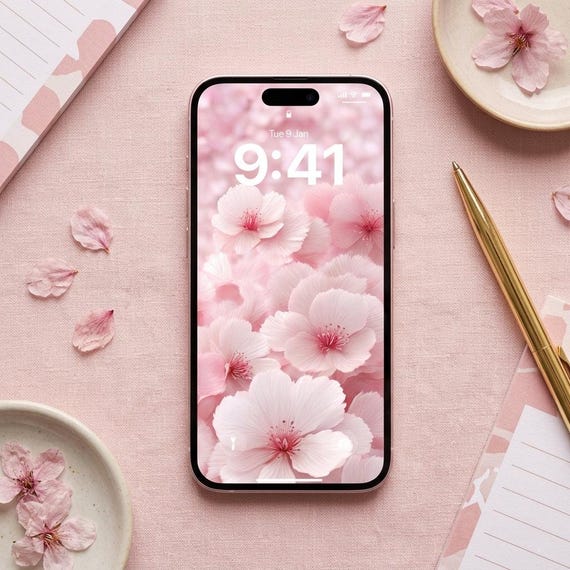iPhone - 桜ページ Pink Cherry Blossom Phone Wallpaper: Japanese Floral Pattern