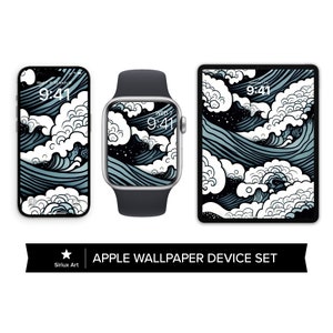 May include: A set of Apple device wallpapers featuring a blue and white wave pattern with a starry night sky background. The wallpapers are designed for iPhone, Apple Watch, and iPad.