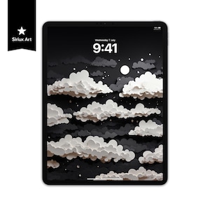 Puede incluir: La pantalla de una tableta digital muestra un fondo negro con nubes de papel blanco y estrellas. La hora es 9:41 y la fecha es miércoles 7 de julio.