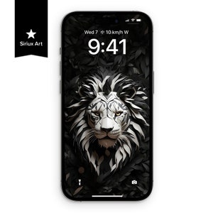 Sfondo per iPhone con carta da parati con leone bianco in modalità scura, piegatura della carta con animali selvatici, sfondo con ritaglio di un grande felino origami, arte artigianale con animali selvatici della giungla per telefono