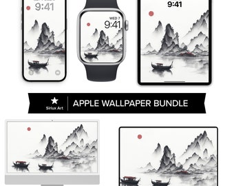 May include: A set of five digital wallpapers featuring a black and white ink painting of a mountain landscape with a boat on a lake. The wallpapers are designed for Apple devices, including iPhone, Apple Watch, iPad, and Macbook.